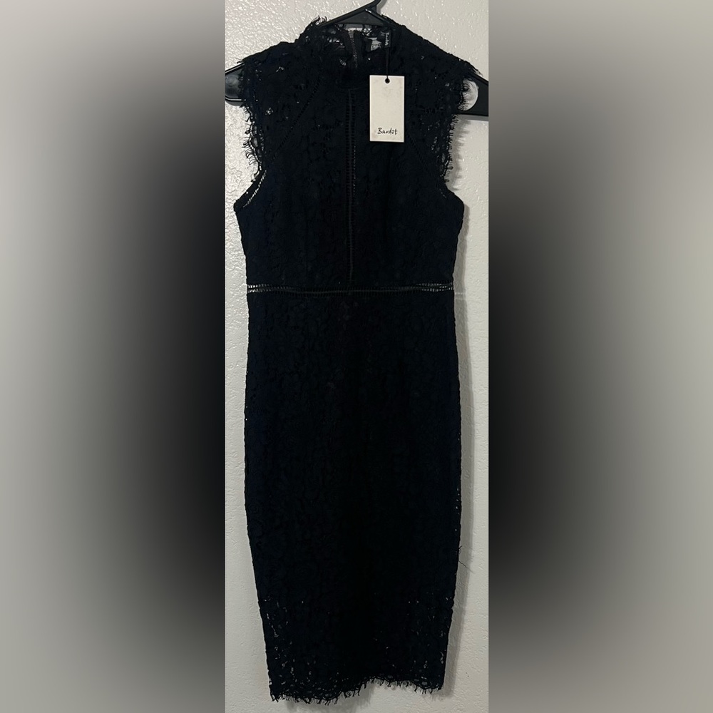 Bardot Black Lace Midi Elegant Cocktail Party NYE Holiday Wedding Guest Dress - Picture 2 of 7